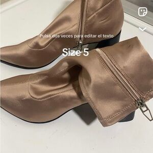 Tan Satin Heeled Booties with Zipper